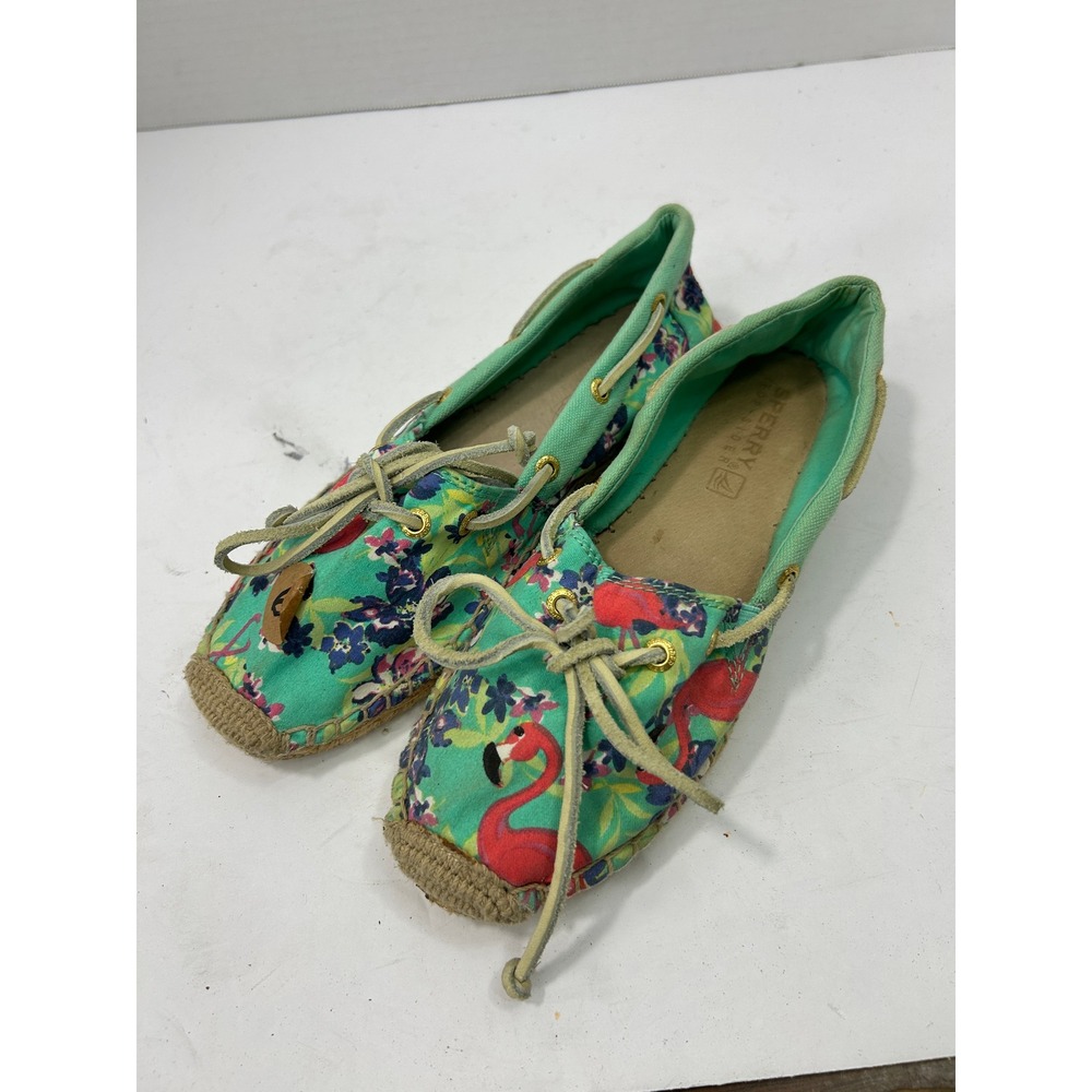 Sperry Flamingo Floral Espadrille Boat Shoes 6M Mint Green Tropical Boho Coastal
